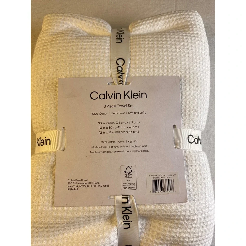Calvin Klein Eternity Solid White 3 Piece Towel Set 100% Cotton Waffle Weave NEW